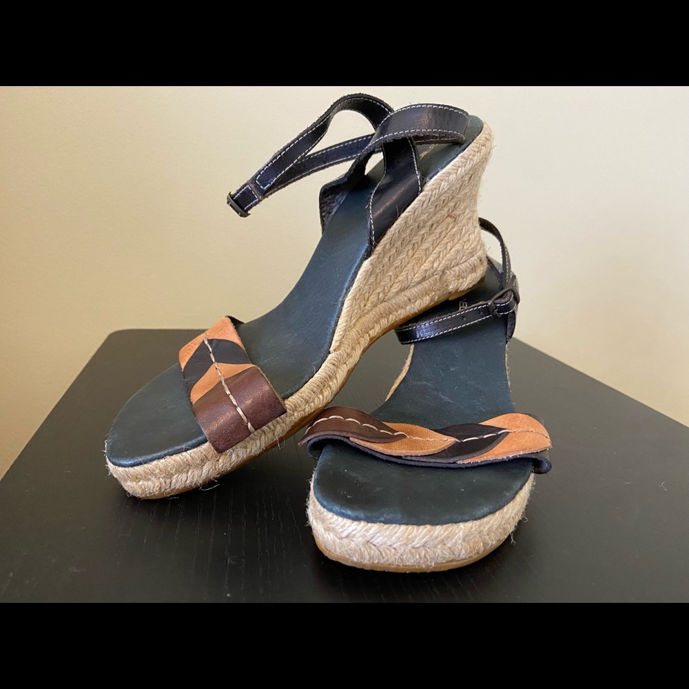 Eric Michael Leather Espadrille Wedges Black Brown Jute Rope Women’s